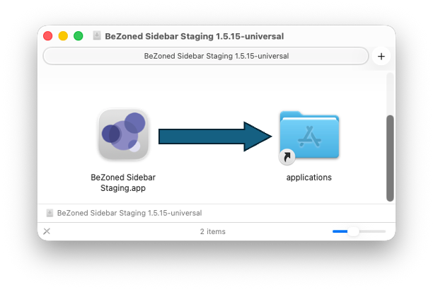The macOS installer window, showing the BeZoned Sidebar app being dragged onto the Applications folder