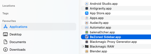 The Applications folder in Finder, with BeZoned Sidebar.app selected