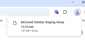 The browser downloads popup, showing the finished BeZoned Sidebar setup file